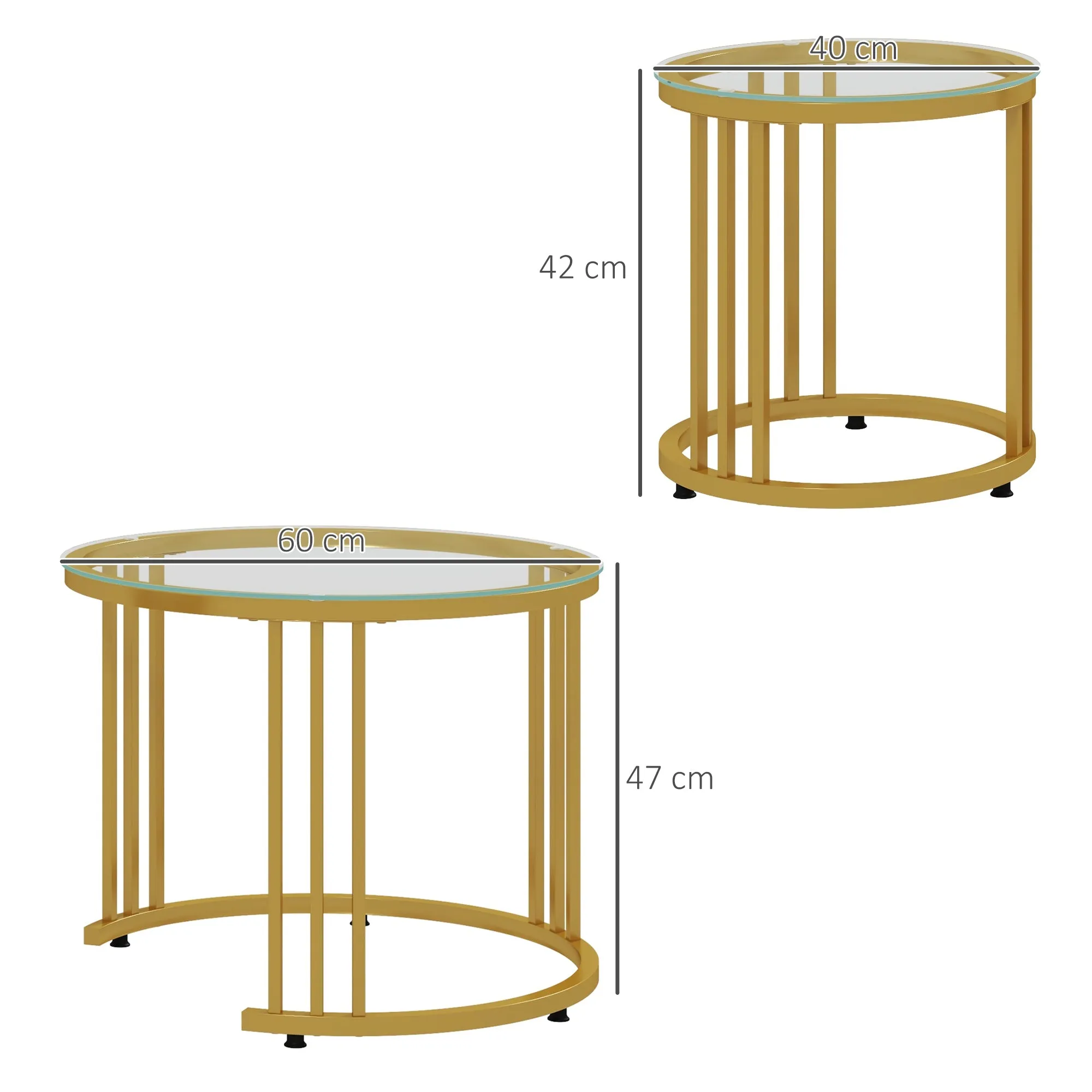 2 Pieces Round Nesting Coffee Tables with Tempered Glass Top, Gold Tone