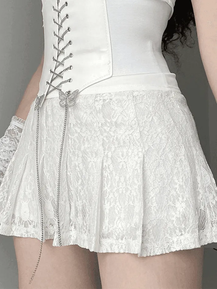 A Line Pleated Lace Mini Skirt