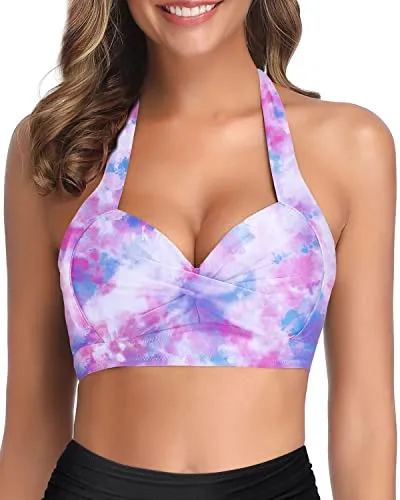 Adjustable Halter Neck Retro Bathing Suit Top-Color Tie Dye