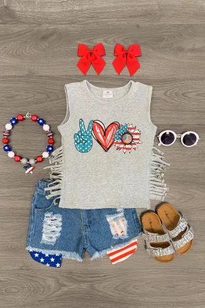 All American Gray Fringe Denim Short Set