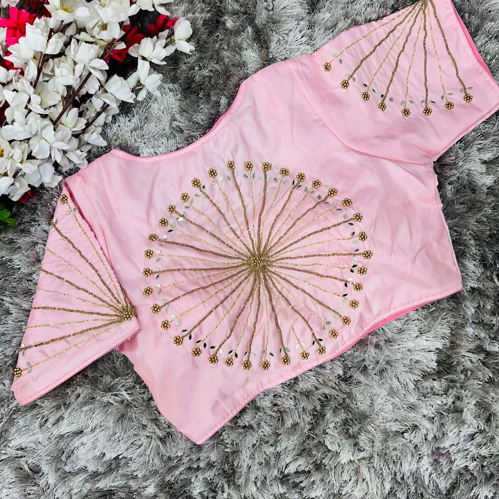 Baby Pink Handcrafted tumtum silk Golden Blouse with Ambla Mirror Accents