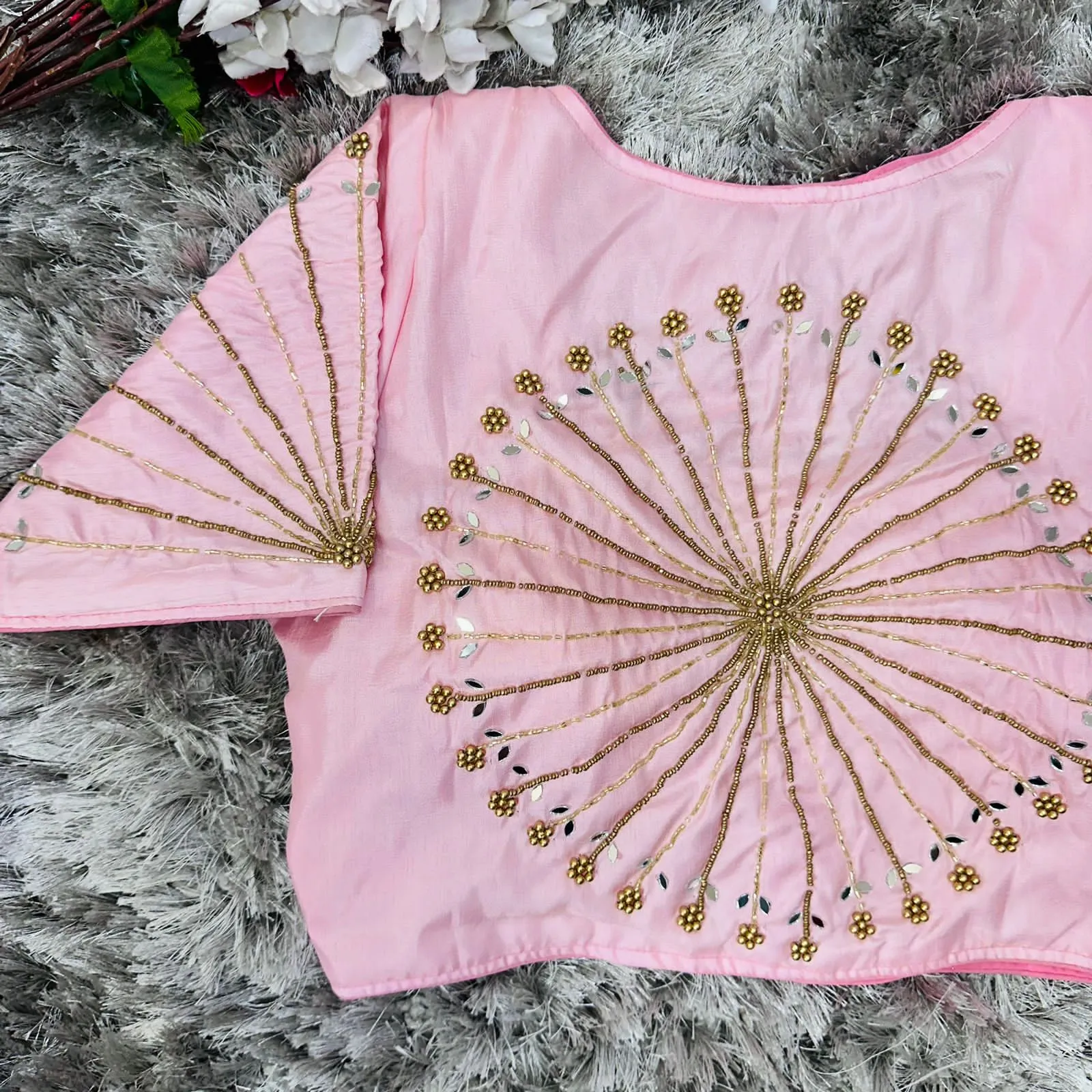 Baby Pink Handcrafted tumtum silk Golden Blouse with Ambla Mirror Accents