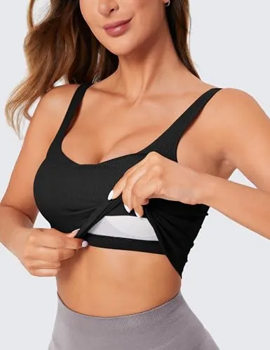 BAYDI Longline Padded Sports Bra V Neck Workout Tops for Women Tank Tops with Built in Bra Ribbed Yoga Bras Black