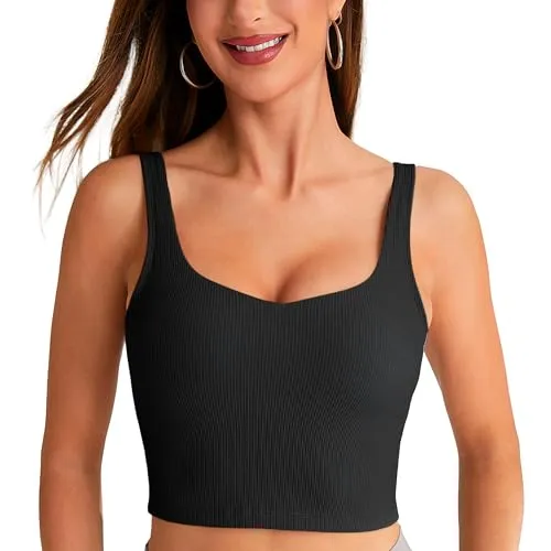 BAYDI Longline Padded Sports Bra V Neck Workout Tops for Women Tank Tops with Built in Bra Ribbed Yoga Bras Black