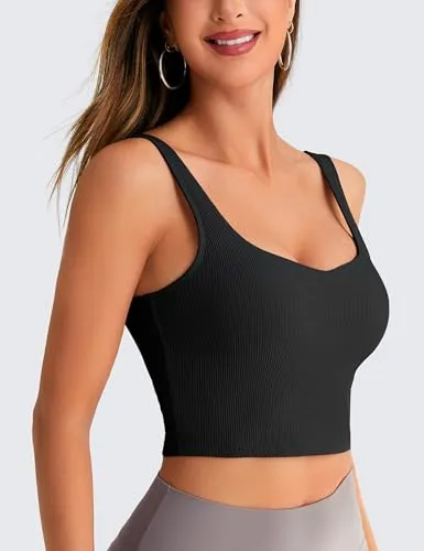 BAYDI Longline Padded Sports Bra V Neck Workout Tops for Women Tank Tops with Built in Bra Ribbed Yoga Bras Black