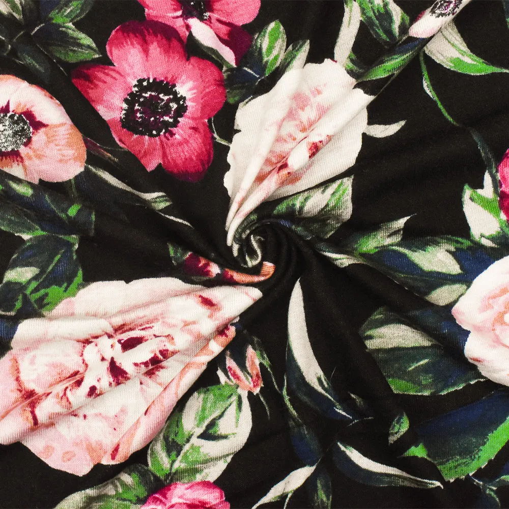 Black-Pink-Multi Floral Printed Stretch Rayon Spandex Jersey Knit Fabric