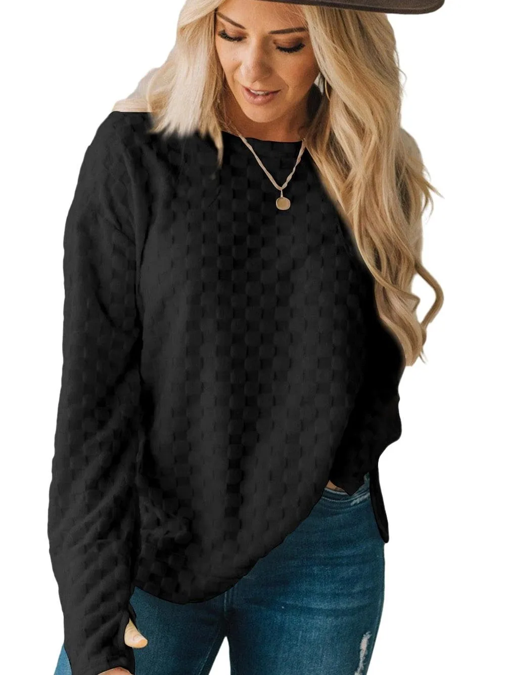 Black Textured Crew Neck Thumbhole Top for Autumn Wardrobe