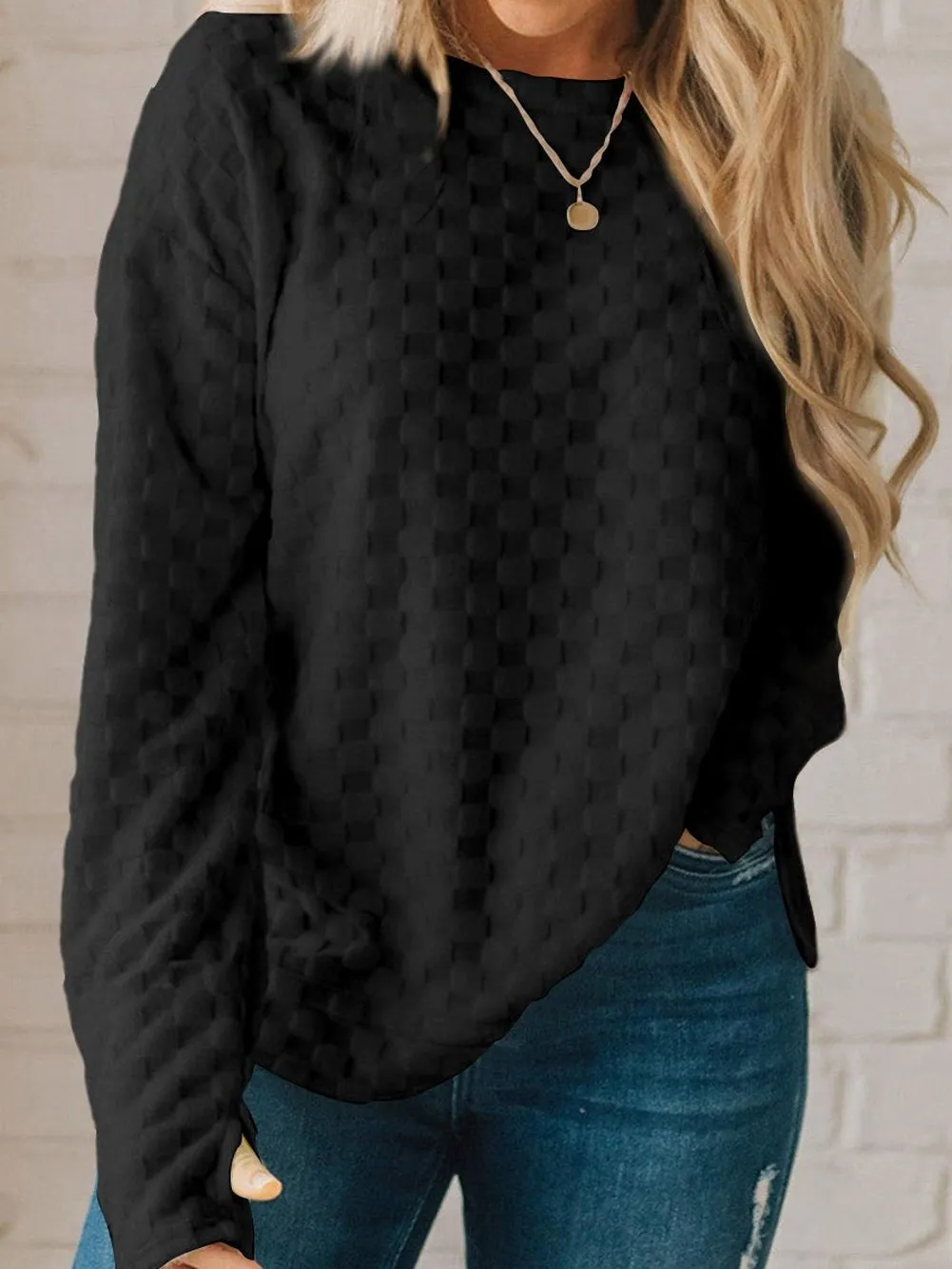 Black Textured Crew Neck Thumbhole Top for Autumn Wardrobe