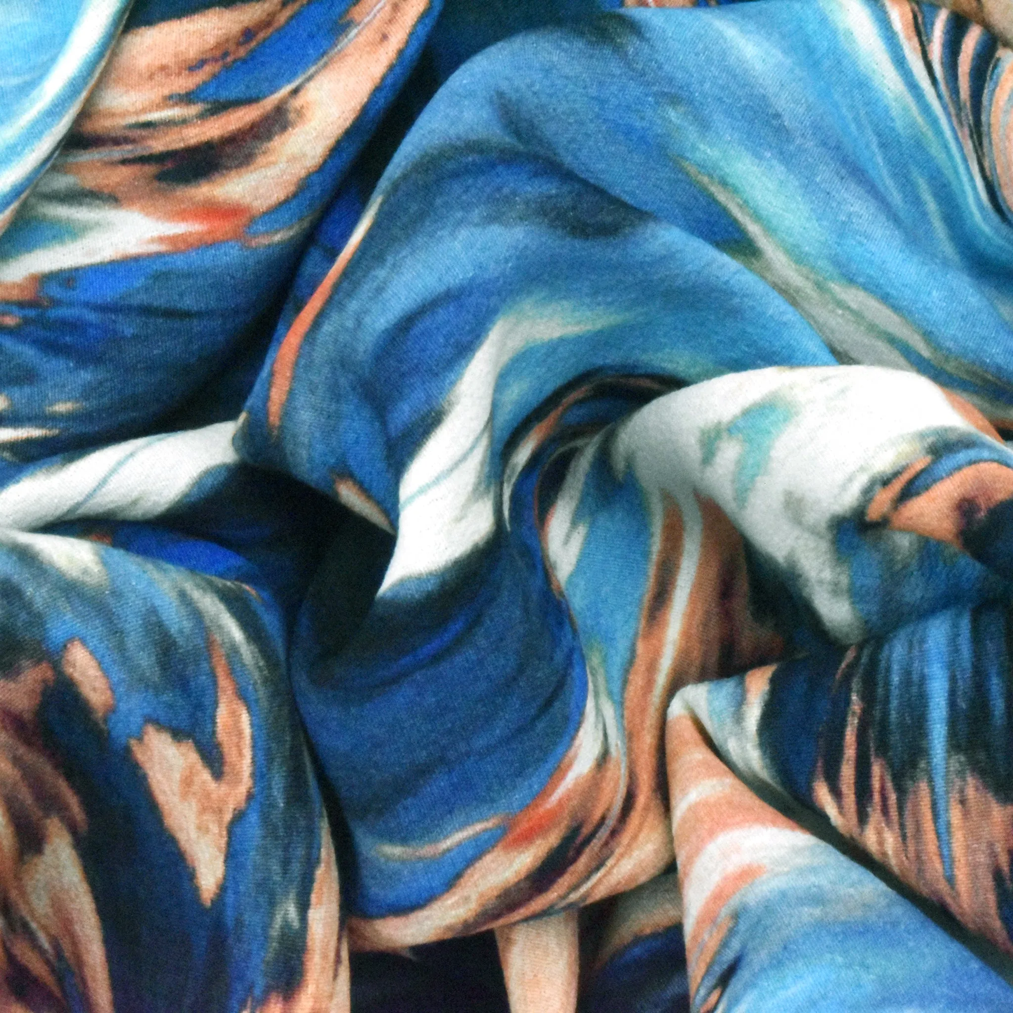 Blue-Coral-Multi Famous Designer Tie Dye Print Viscose Crepe Faille Fabric