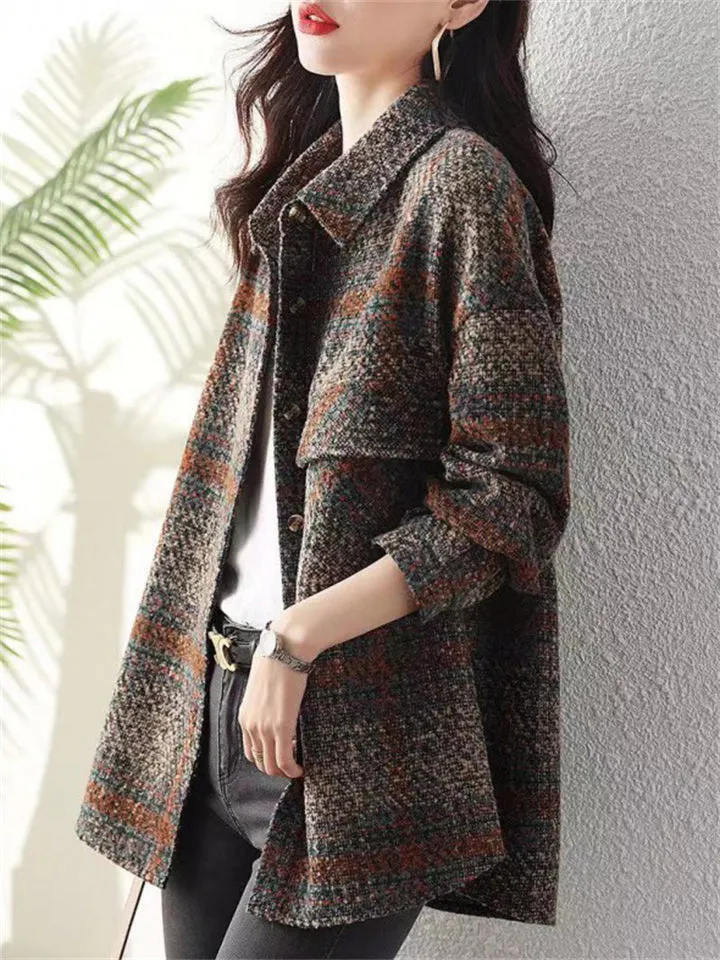 British Style Plaid Lapel Chest Pocket Woolen Jacket for Female