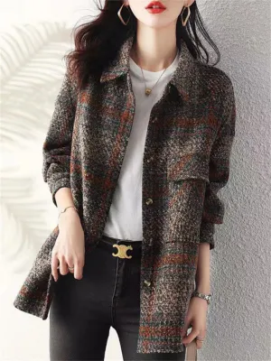 British Style Plaid Lapel Chest Pocket Woolen Jacket for Female