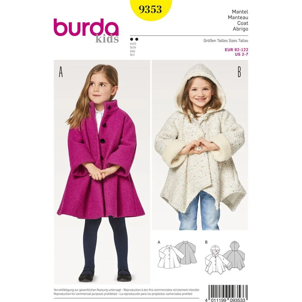 Burda Style Pattern B9353 Child's A-Line Coat