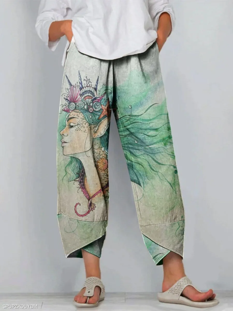 Cartoon Art Print Pocket Women's Casual Pants