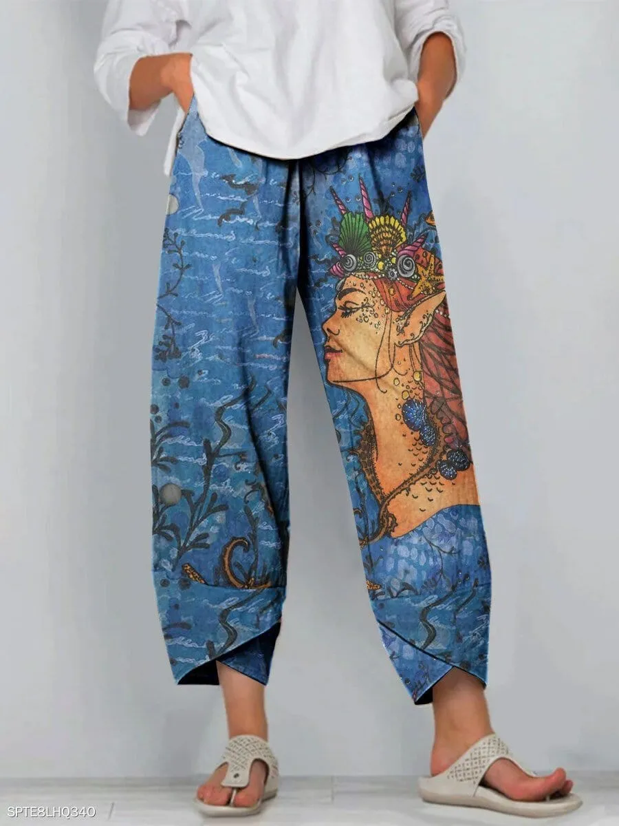 Cartoon Art Print Pocket Women's Casual Pants