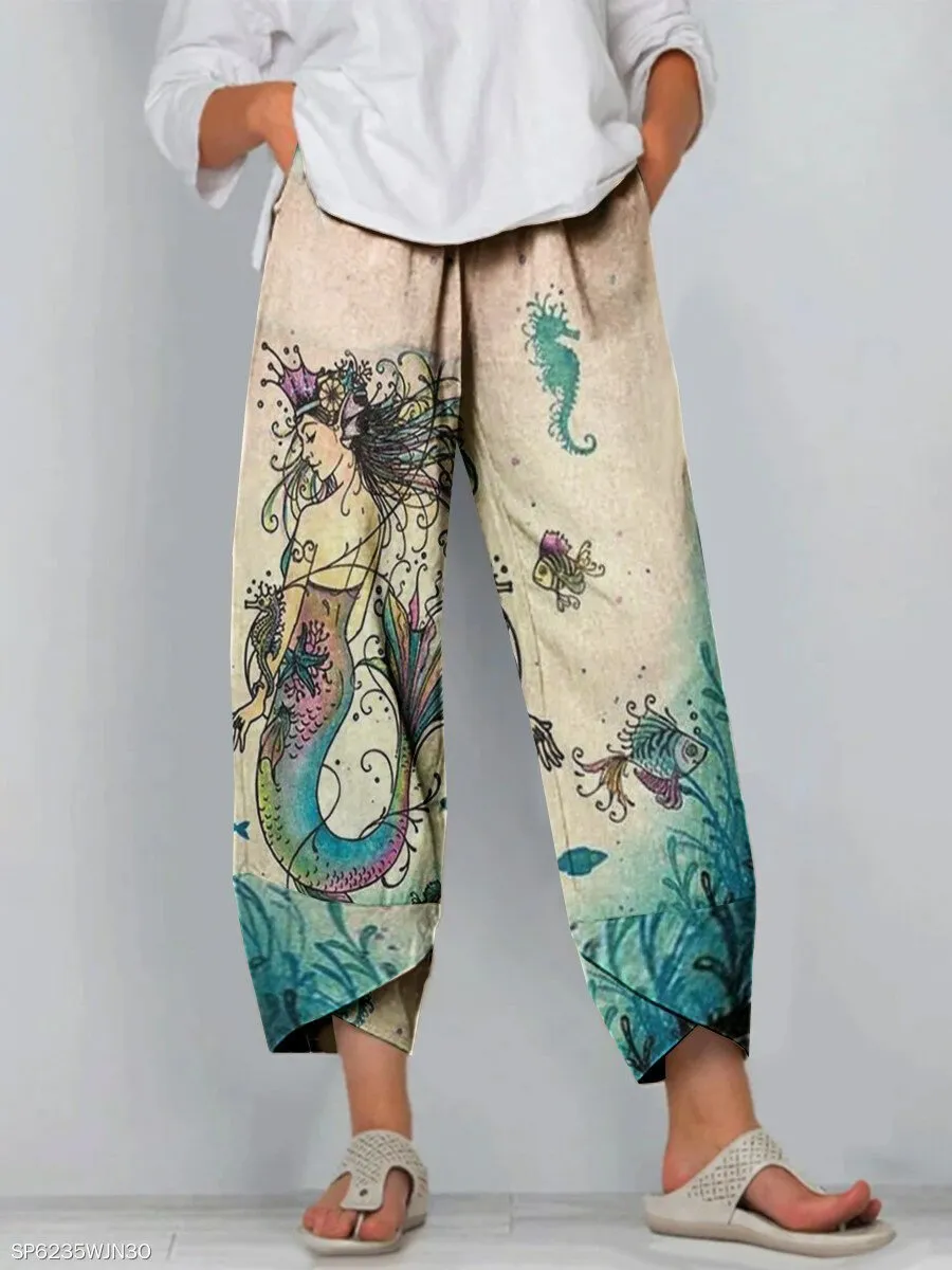 Cartoon Art Print Pocket Women's Casual Pants