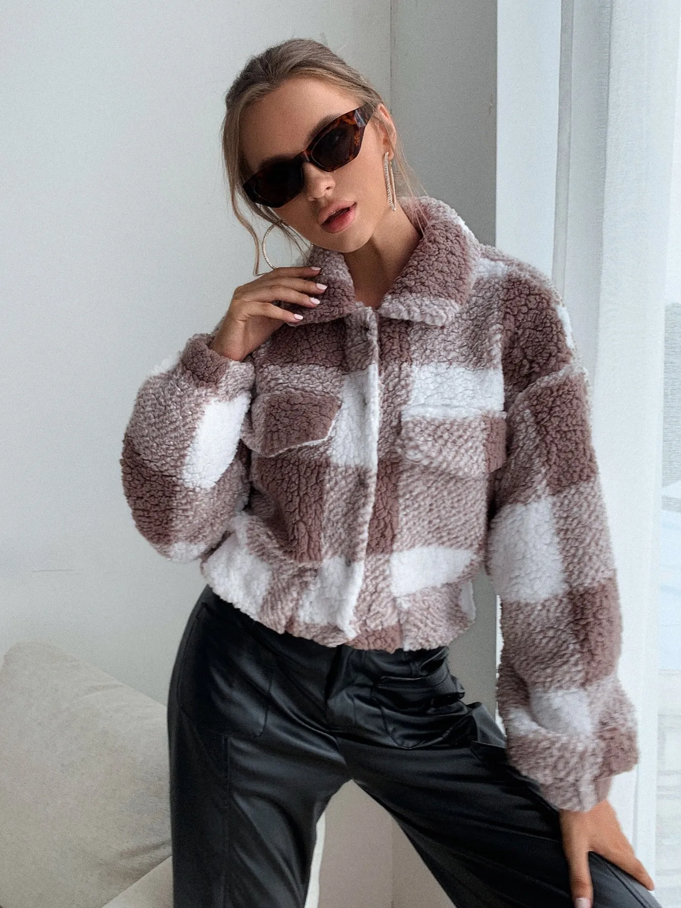 Casual Gingham Long Sleeve Collar Crop Women Jacket