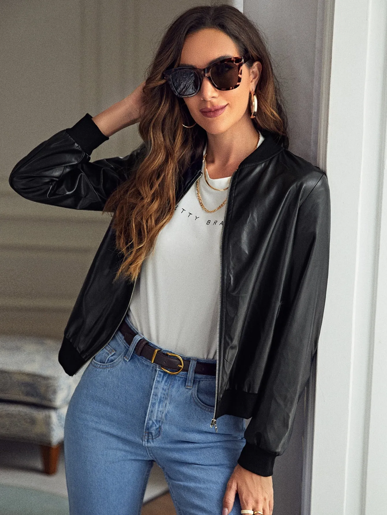 Casual Plain Zipper Long Sleeve Baseball Collar Crop Women Jacket