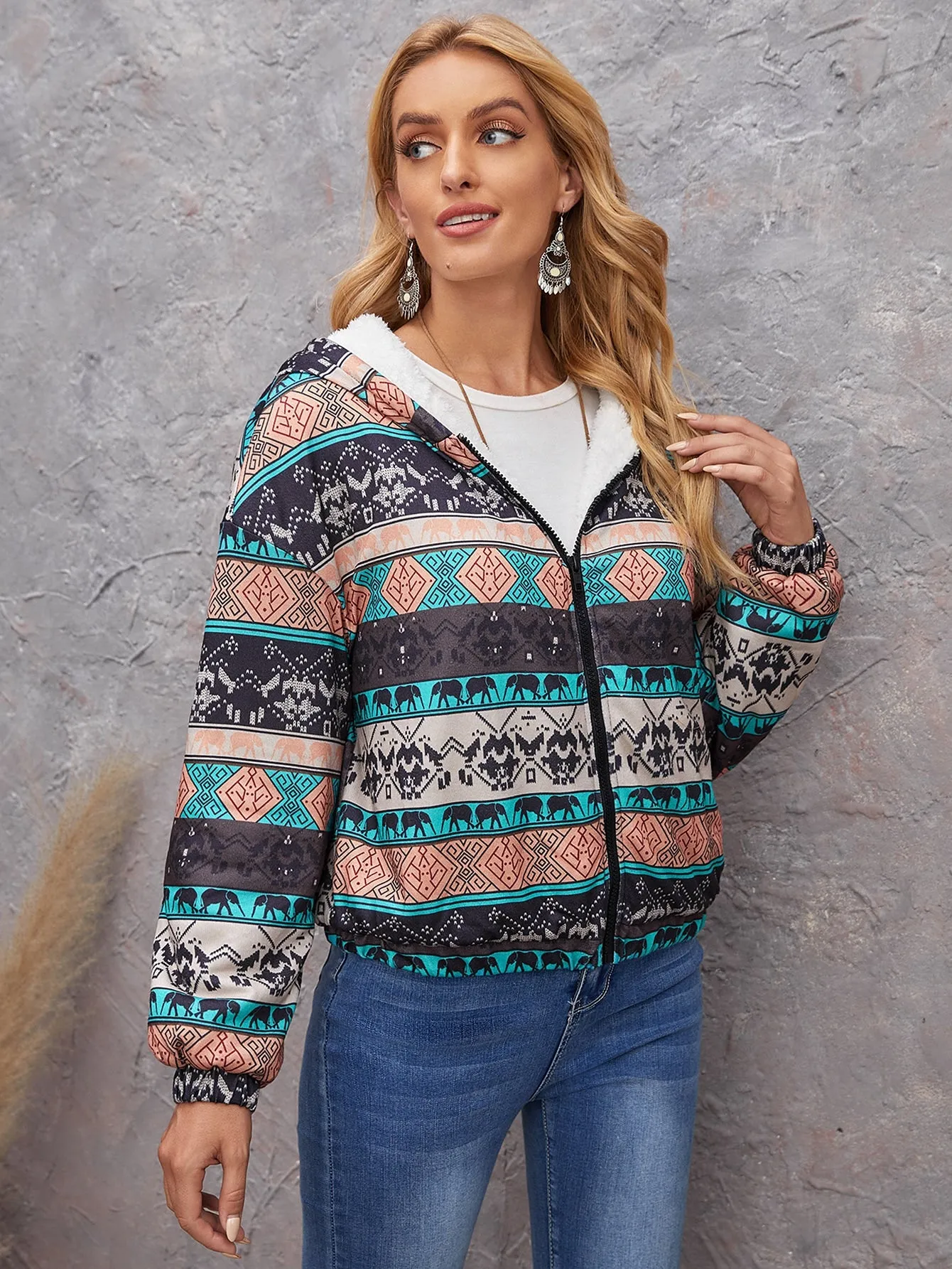 Casual Tribal Zipper Long Sleeve Hooded Regular Women Jacket