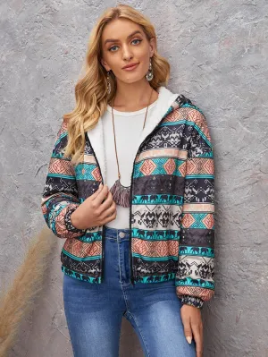 Casual Tribal Zipper Long Sleeve Hooded Regular Women Jacket