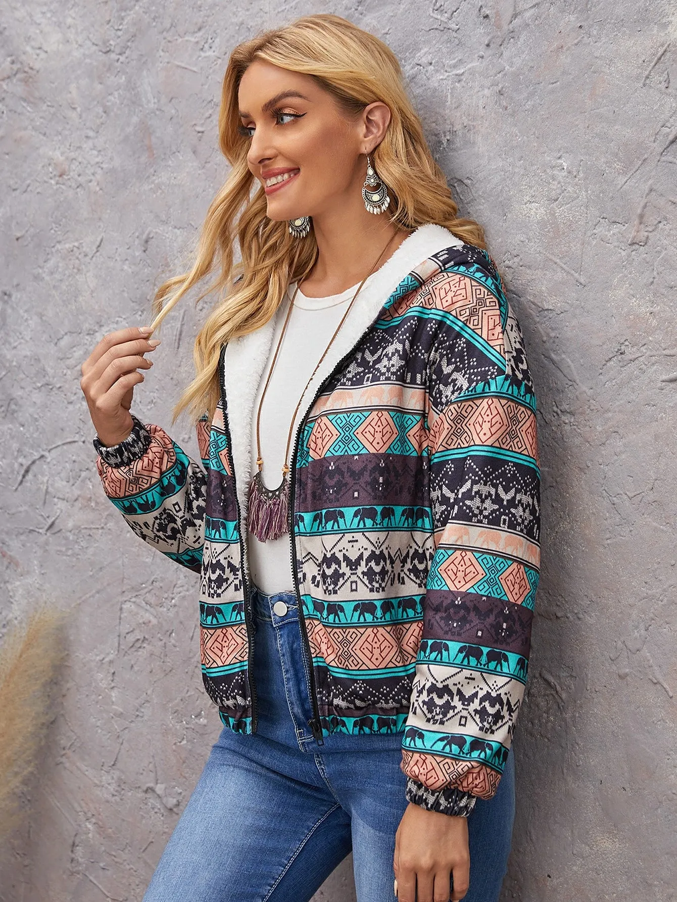 Casual Tribal Zipper Long Sleeve Hooded Regular Women Jacket