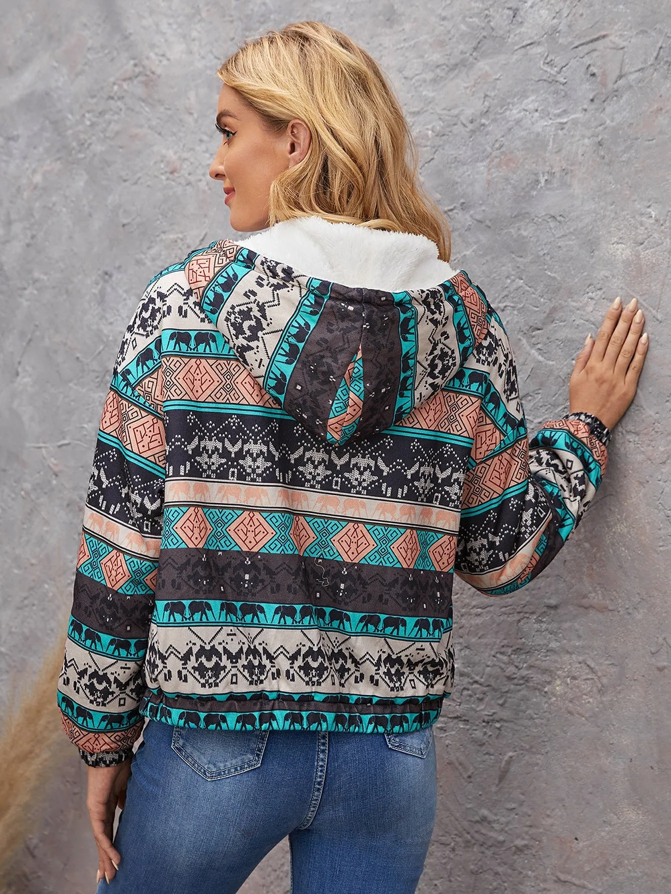 Casual Tribal Zipper Long Sleeve Hooded Regular Women Jacket