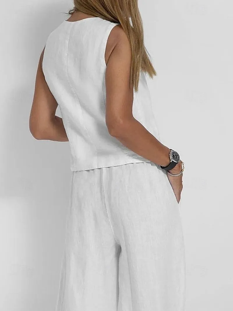 Chic White Women's V-Neck Tank and Wide-Leg Pants Set for Effortless Style