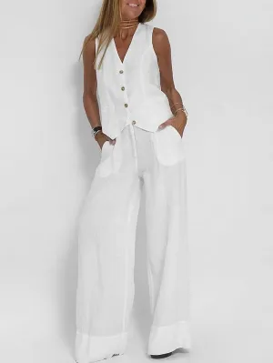 Chic White Women's V-Neck Tank and Wide-Leg Pants Set for Effortless Style