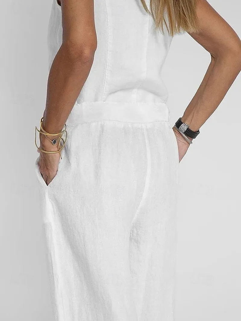 Chic White Women's V-Neck Tank and Wide-Leg Pants Set for Effortless Style