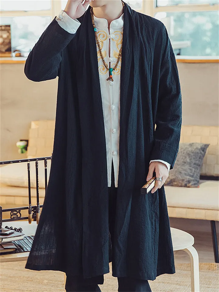 Chinese Style Linen Plus Size Mid Long Jackets For Men