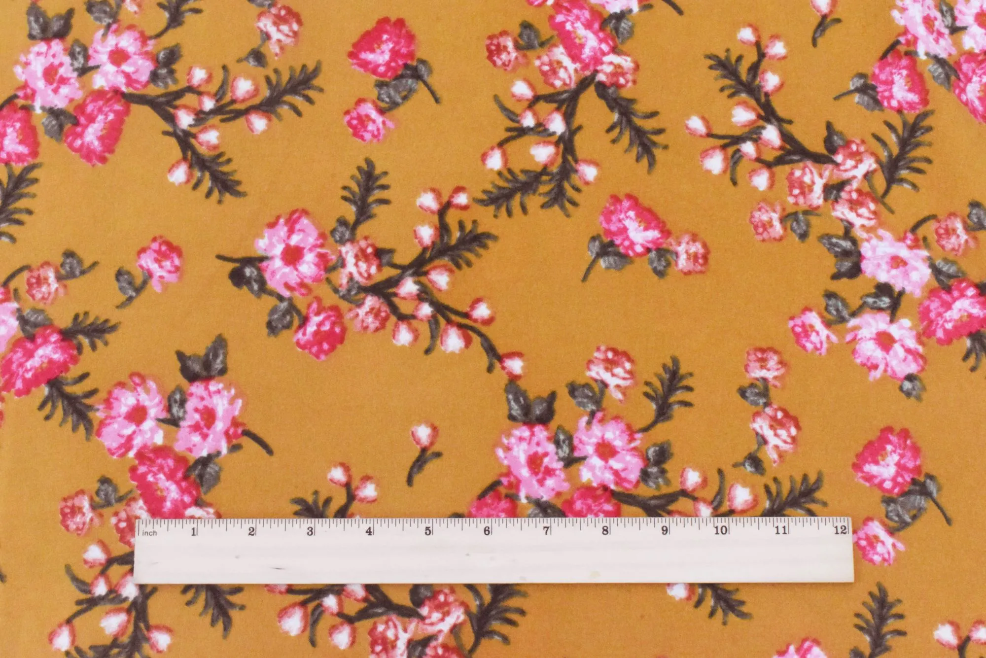 Curry Brown-Pink-Green-Multi Floral Printed Crepe Momie Fabric