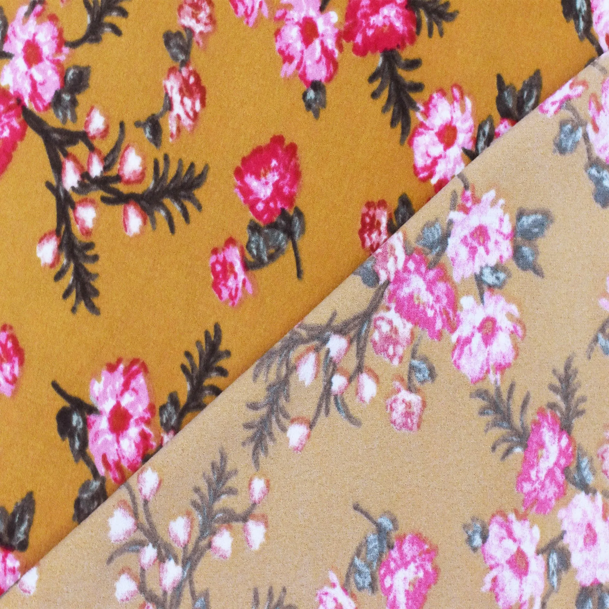 Curry Brown-Pink-Green-Multi Floral Printed Crepe Momie Fabric