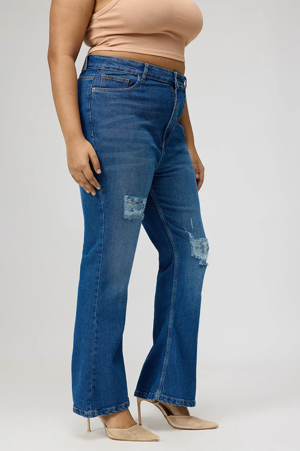 Curve Blue Distress Bootcut Denim Jeans