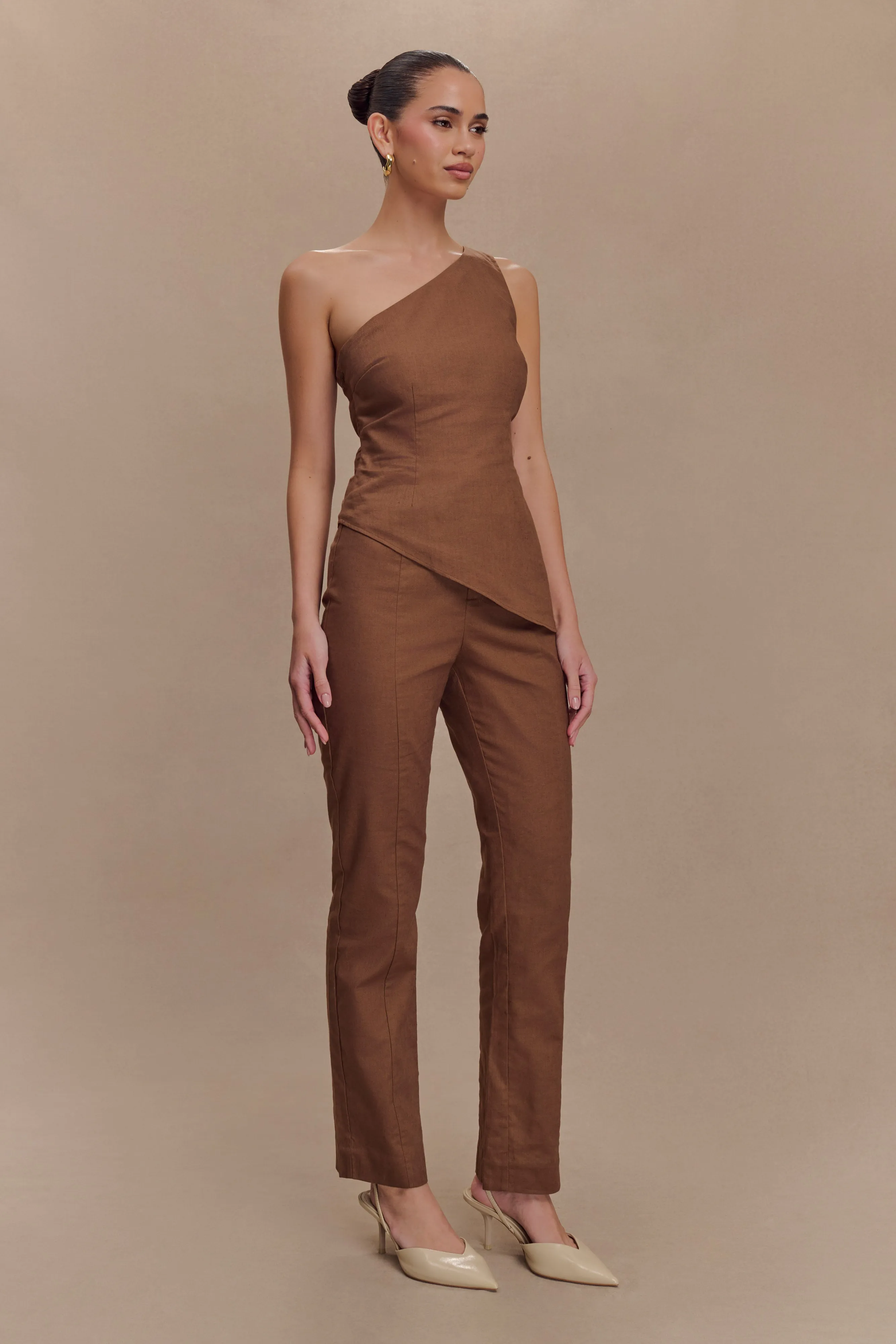 Dora Linen One Shoulder Top - Cacao Brown