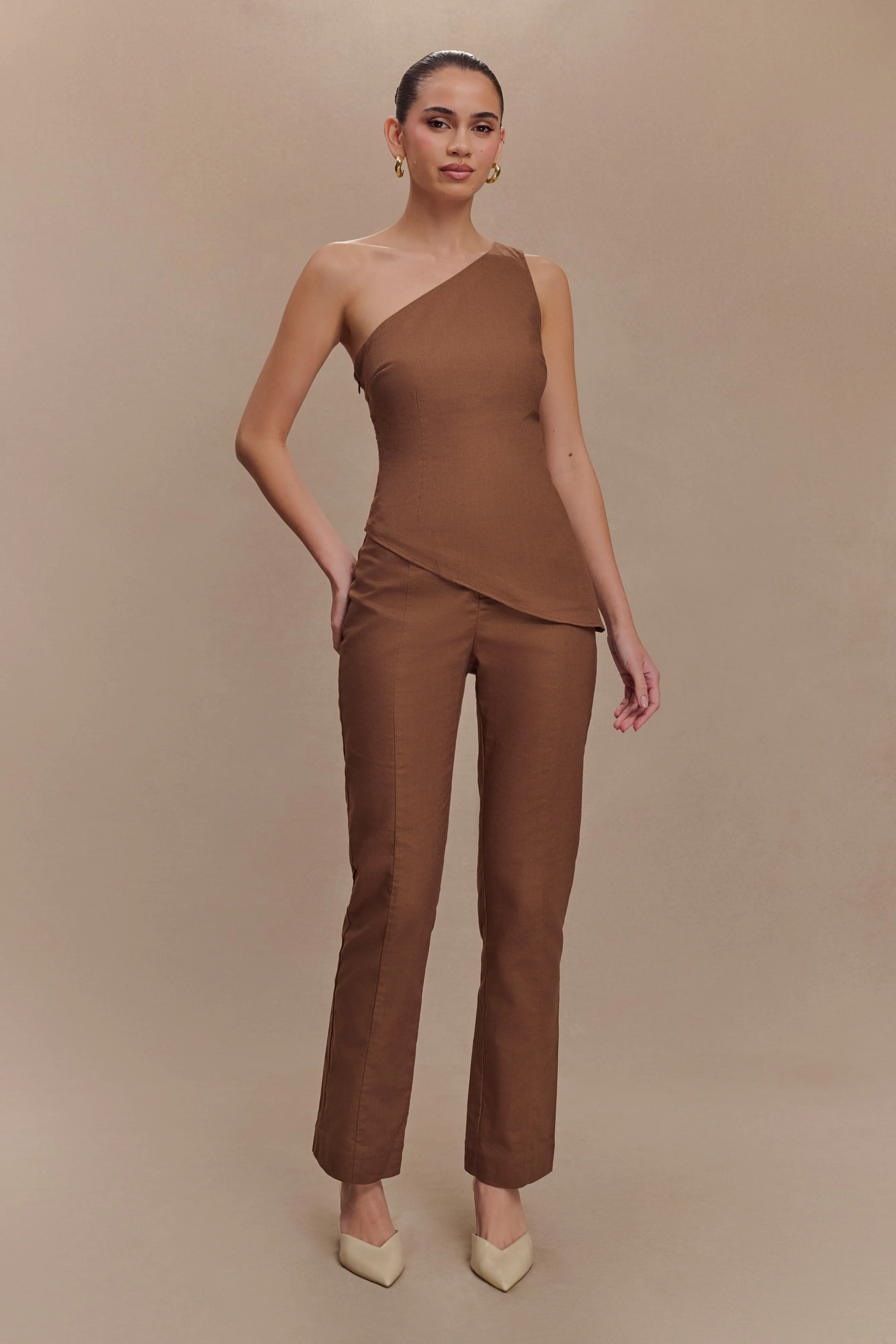 Dora Linen One Shoulder Top - Cacao Brown