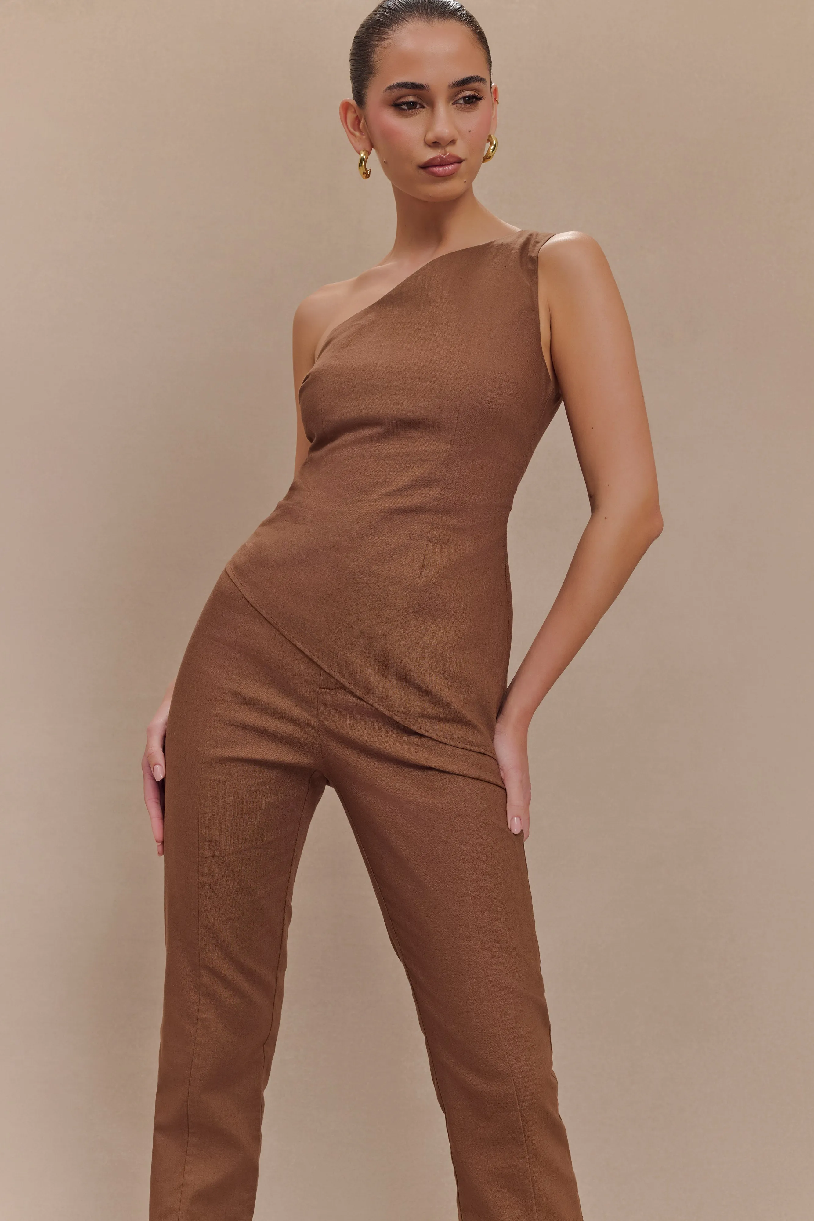 Dora Linen One Shoulder Top - Cacao Brown