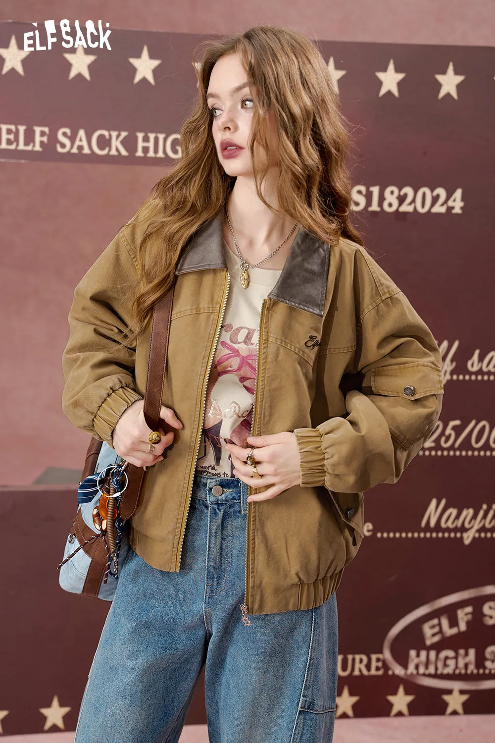 ELFSACK 2024 Autumn New Arrivals Embroidered brown retro casual short coat for women, work jacket