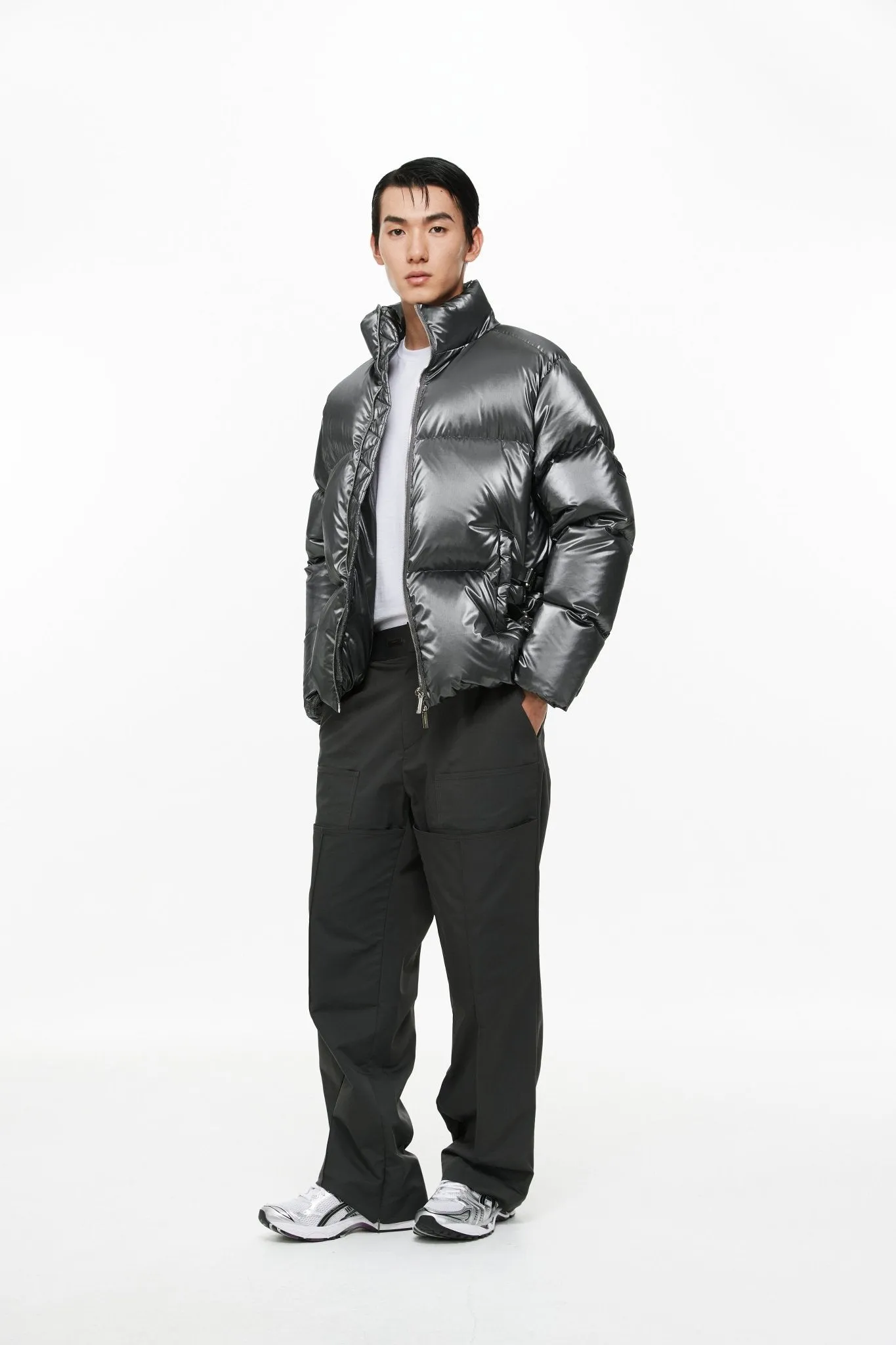 Grey Water-Gloss Custom Buckle Down Jacket