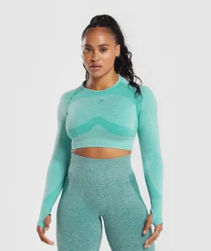 Gymshark Flex Long Sleeve Crop Top - Cornflower Blue/White Marl/Jewel Green