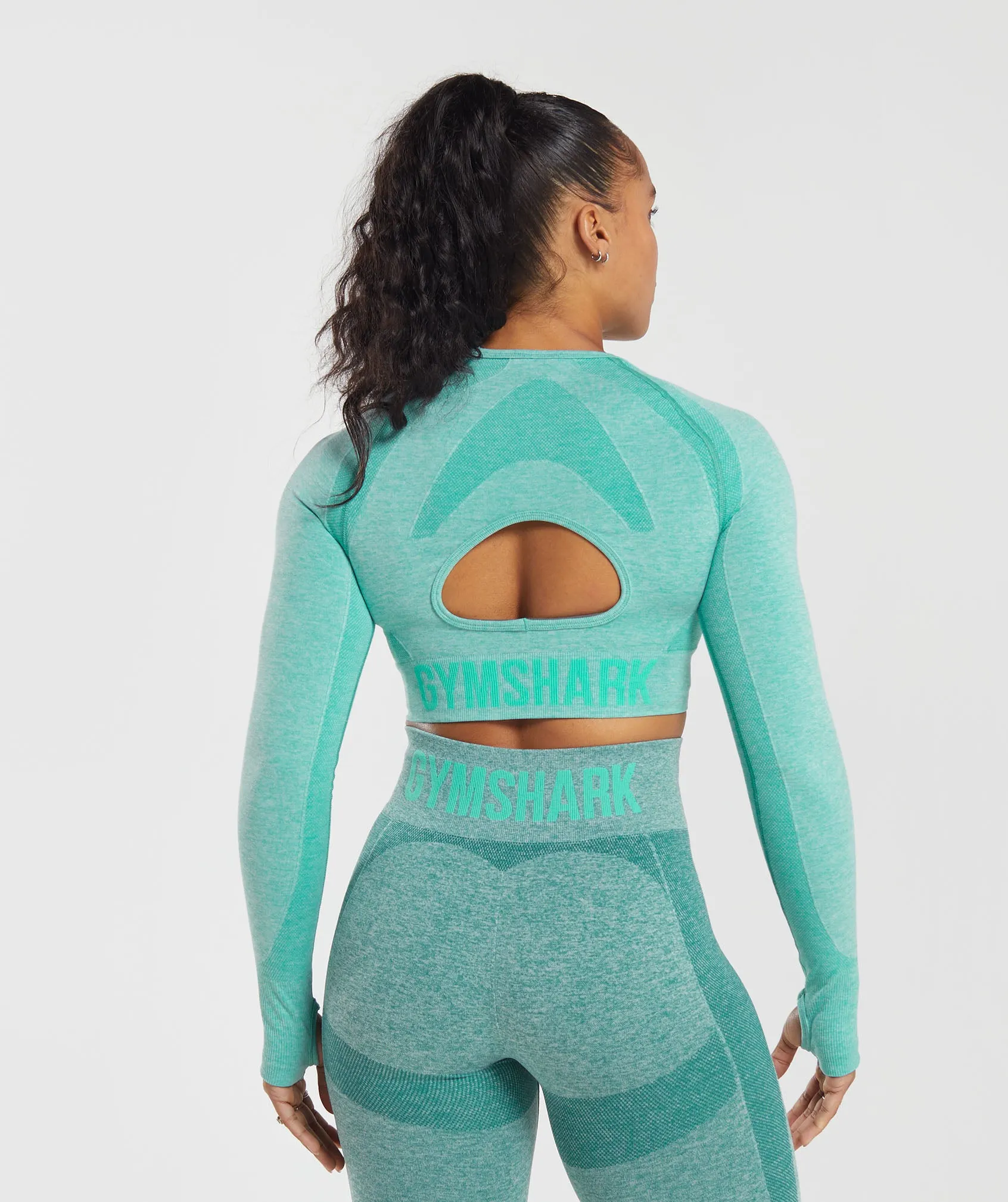 Gymshark Flex Long Sleeve Crop Top - Cornflower Blue/White Marl/Jewel Green