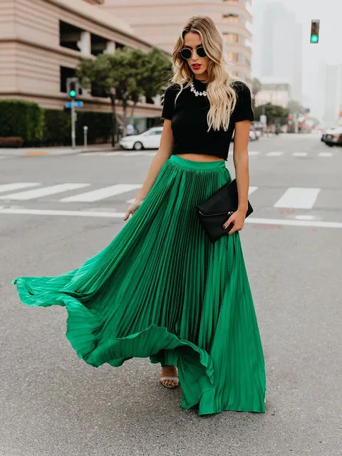 High Waist Elegant Vintage Long Skirt Women Big Hem Pleated Black Maxi Skirts