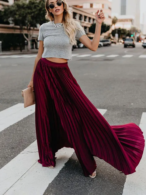 High Waist Elegant Vintage Long Skirt Women Big Hem Pleated Black Maxi Skirts