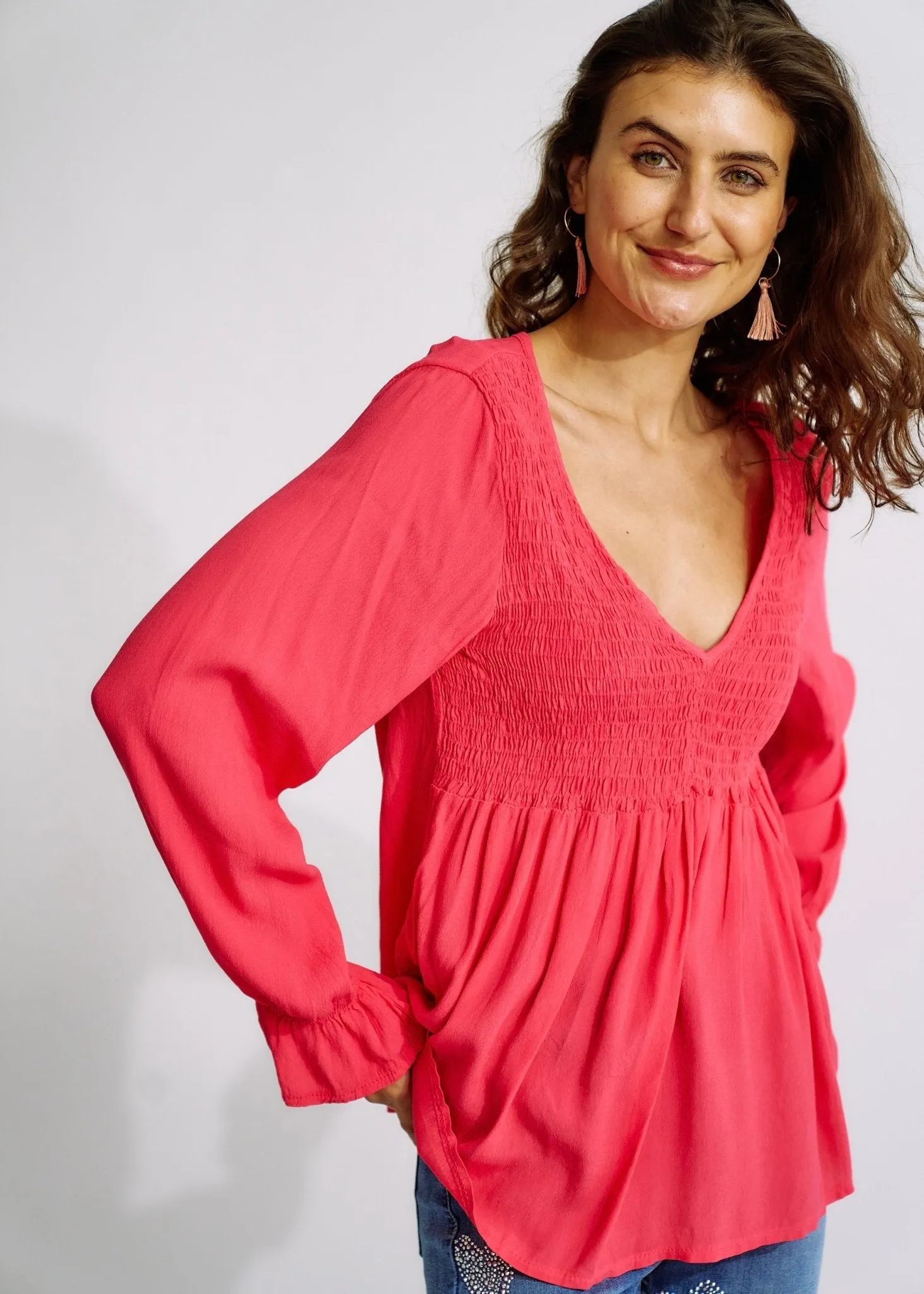 Italian Smock V Neck Blouse in Strawberry