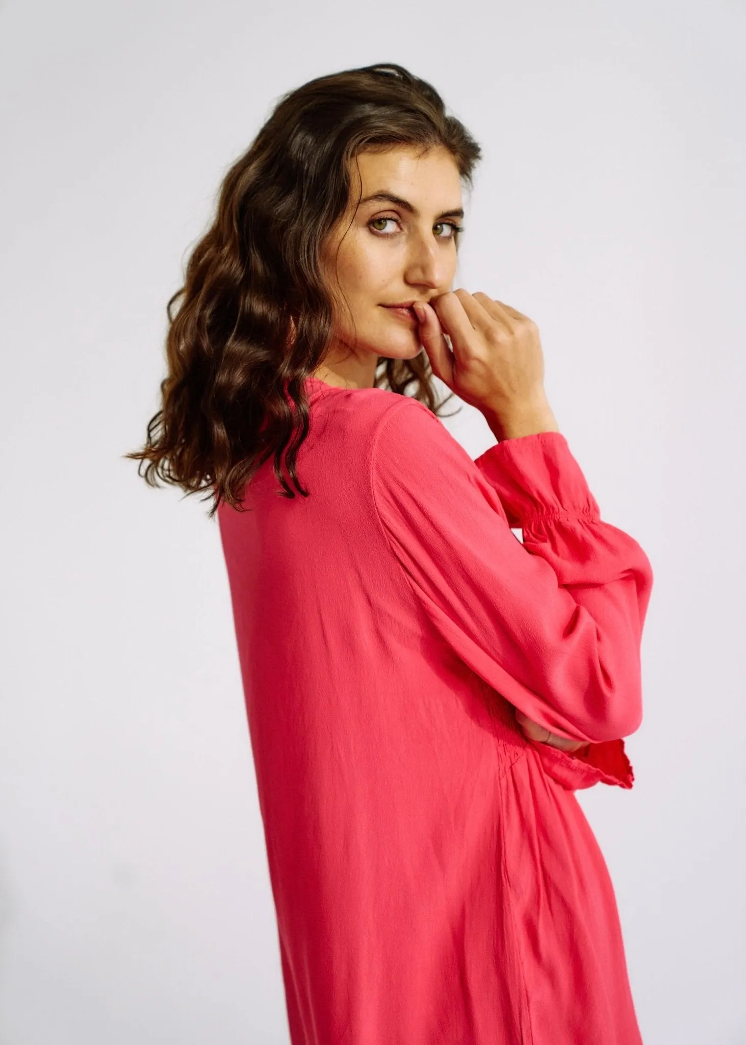 Italian Smock V Neck Blouse in Strawberry