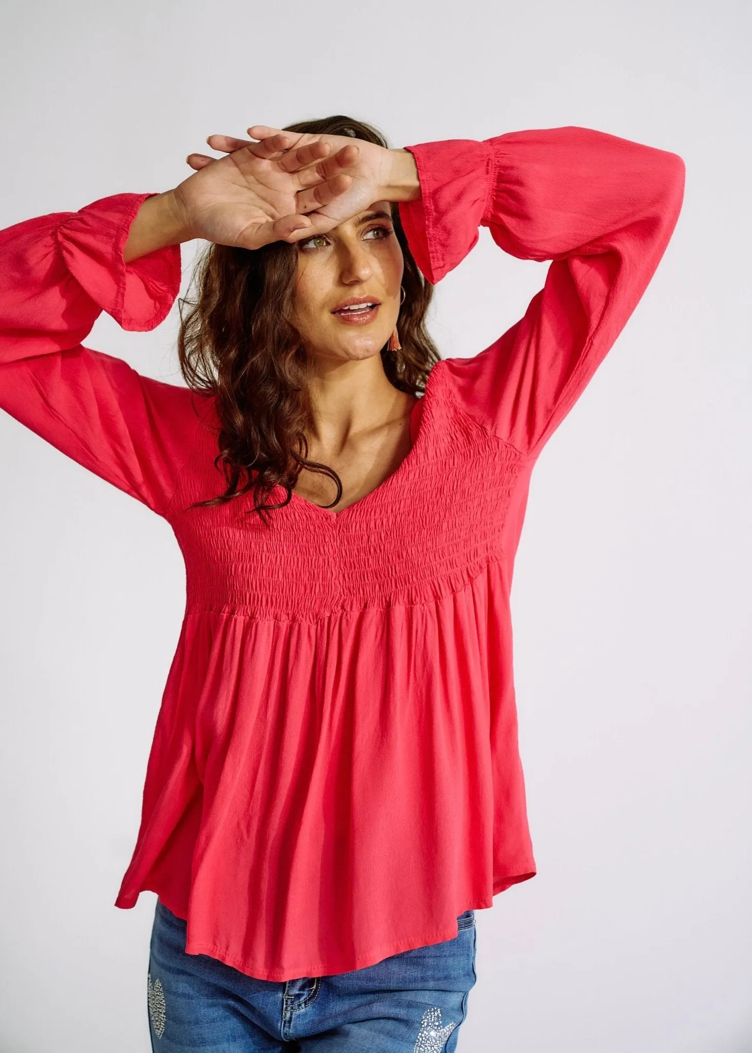 Italian Smock V Neck Blouse in Strawberry