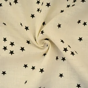 Ivory-Black Stars Printed Linen Woven Fabric