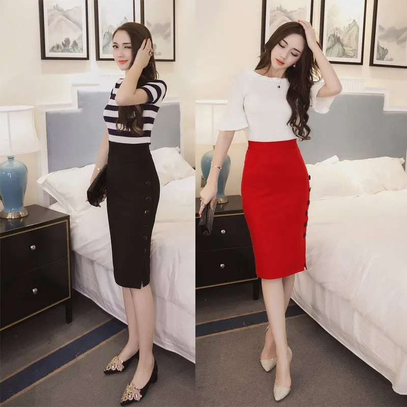 Korean High Waist Slim Look Side Splitted Hip Flattering Mid-Length Skirt