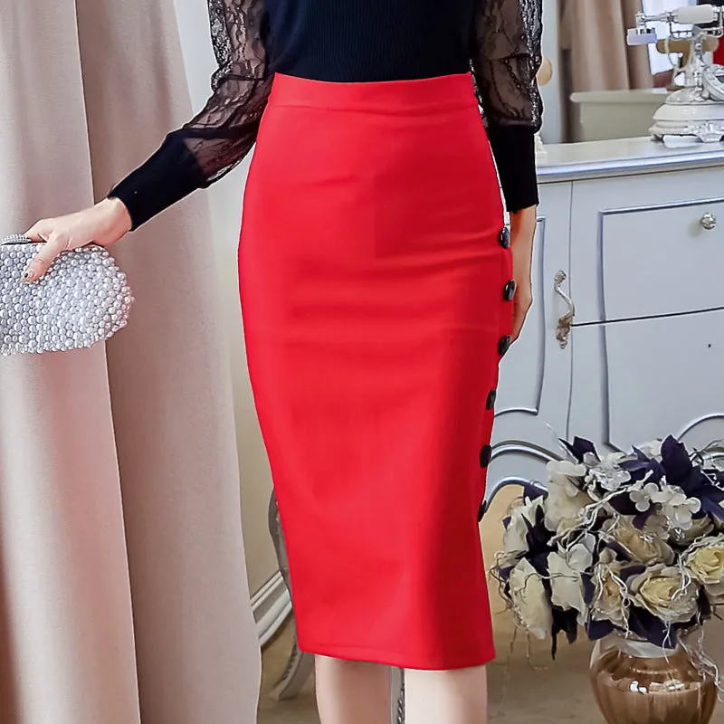 Korean High Waist Slim Look Side Splitted Hip Flattering Mid-Length Skirt