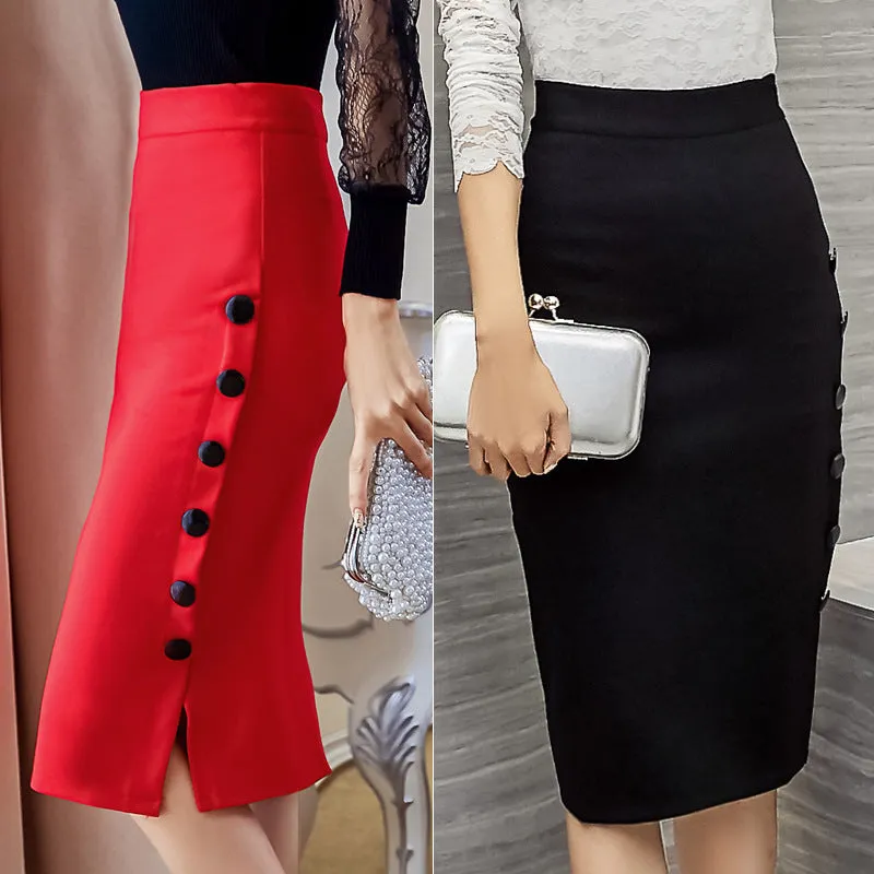 Korean High Waist Slim Look Side Splitted Hip Flattering Mid-Length Skirt