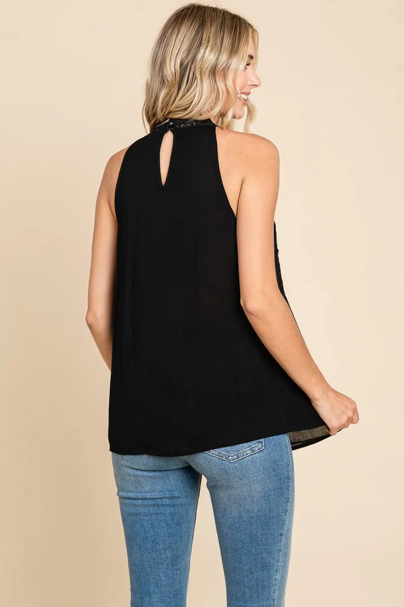 Lace Round Neck Sleeveless Cami Cotton Tops