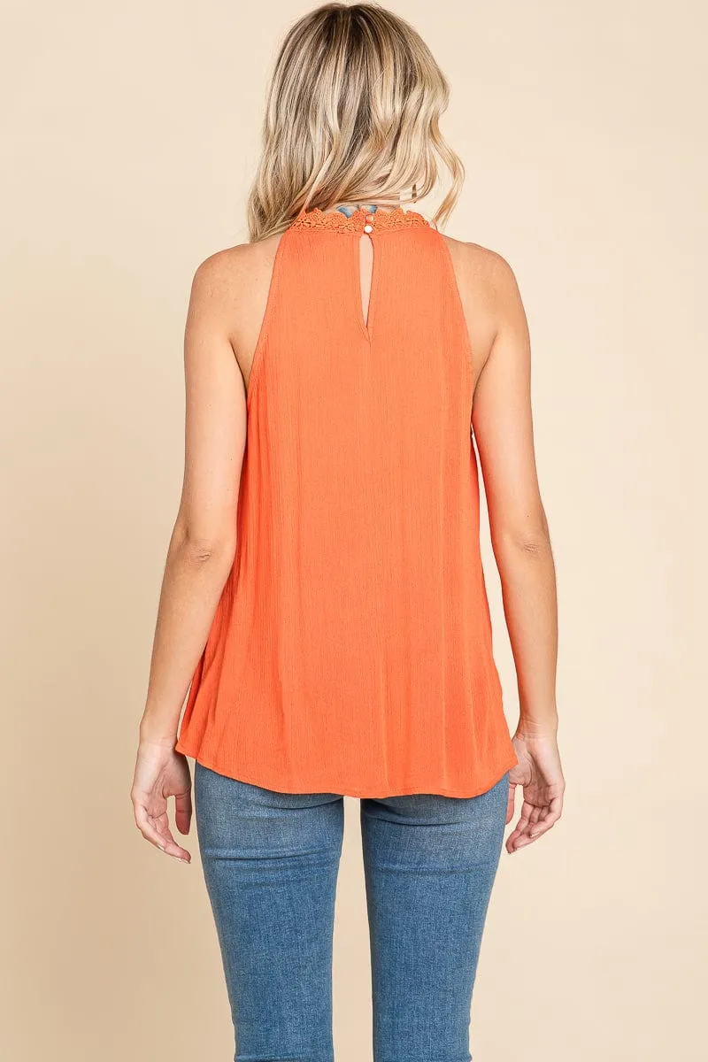 Lace Round Neck Sleeveless Cami Cotton Tops